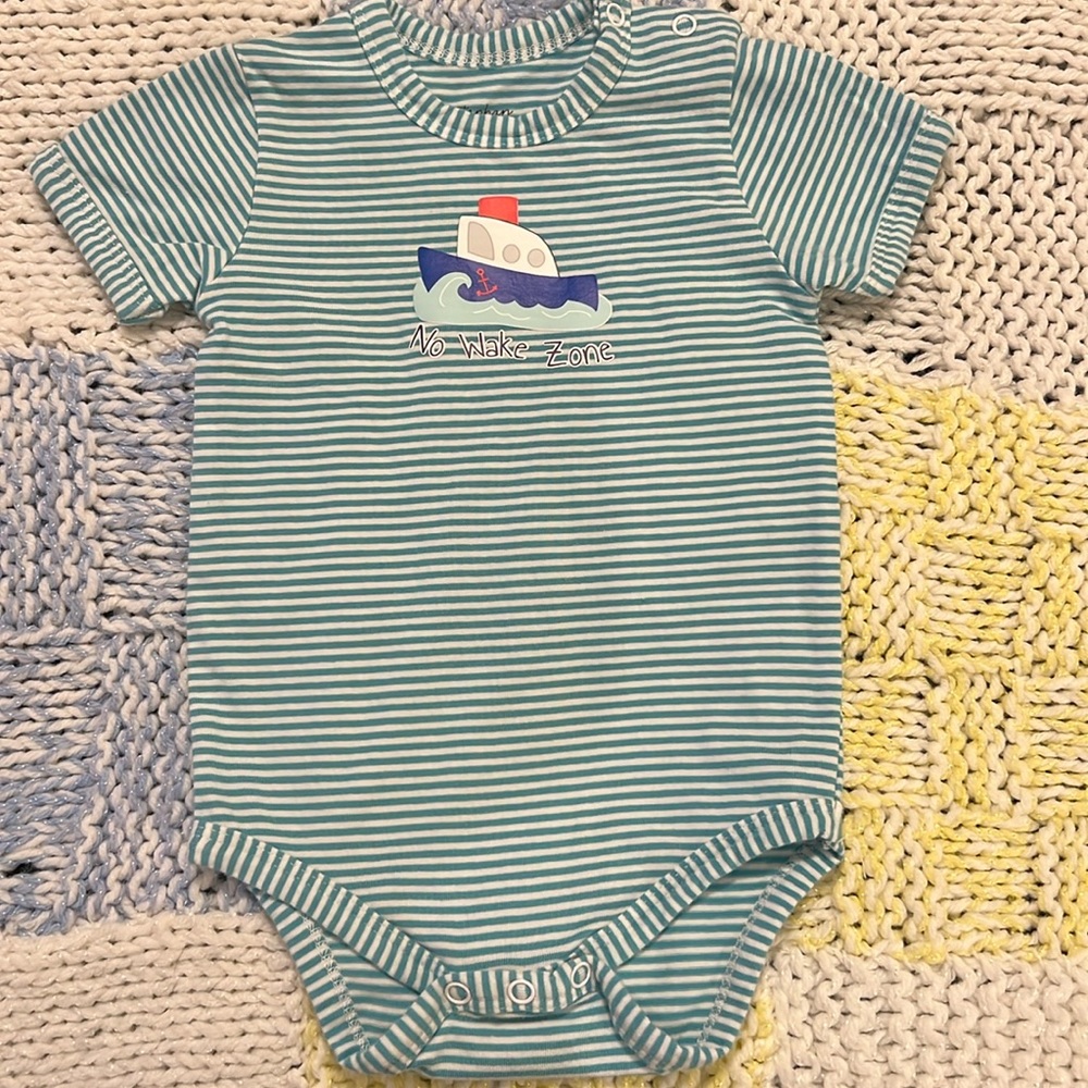 3-6 mo, one piece turquoise green/white stripe w  colorful boat on front